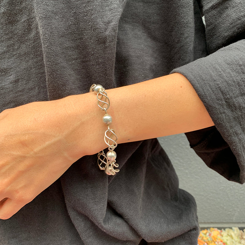 Mexican Silver Chain Link Ball Bracelet