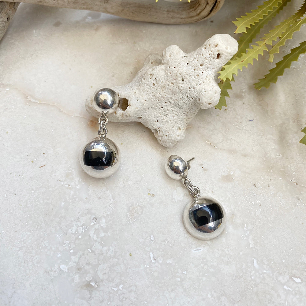 Vintage Black Hemisphere Silver Earrings