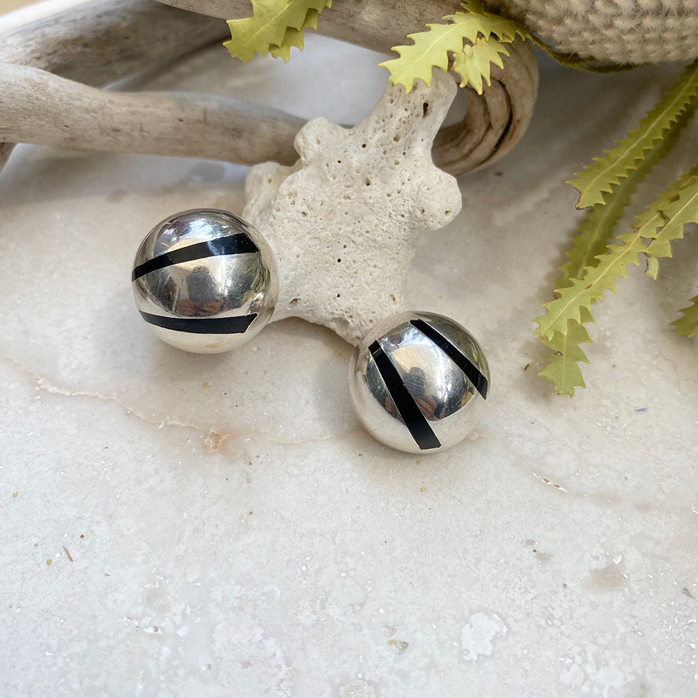 Vintage Silver Ball Black Line Earrings