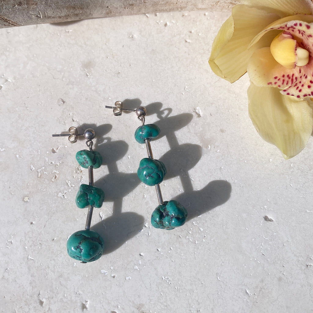 Vintage Natural Turquoise Stone Bead Earrings