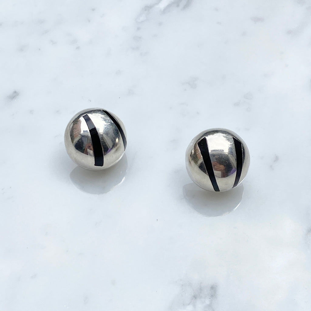 Vintage Silver Ball Black Line Earrings